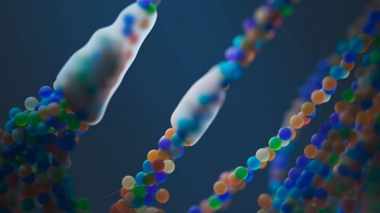 DNA strand with epigenetic markers showing methyl groups and histone modifications