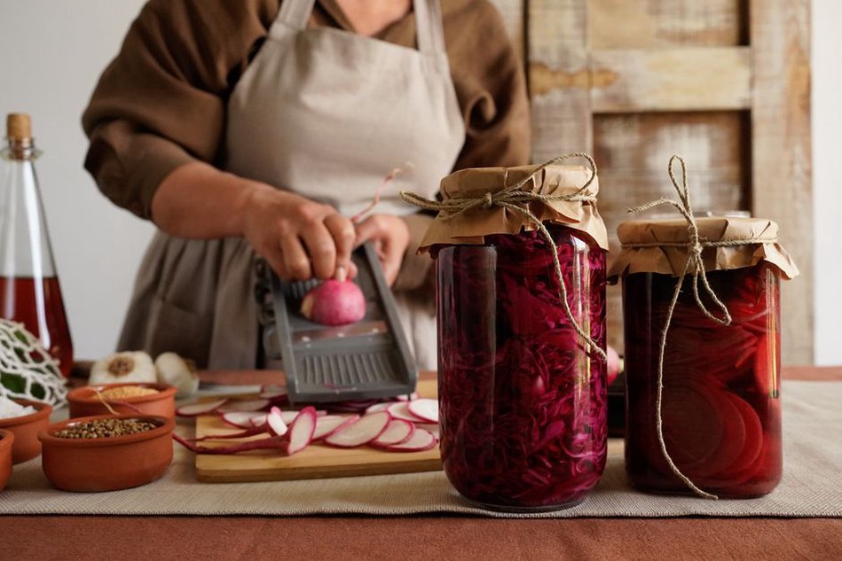 Fermented vegetables in glass jars for gut health