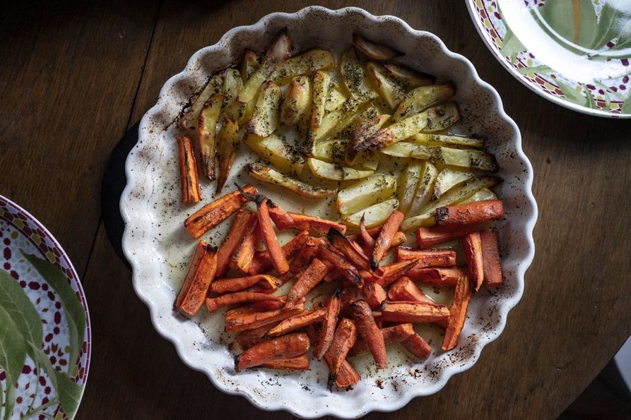 colorful carrots parsnips and sweet potatoes roasted with rosemary