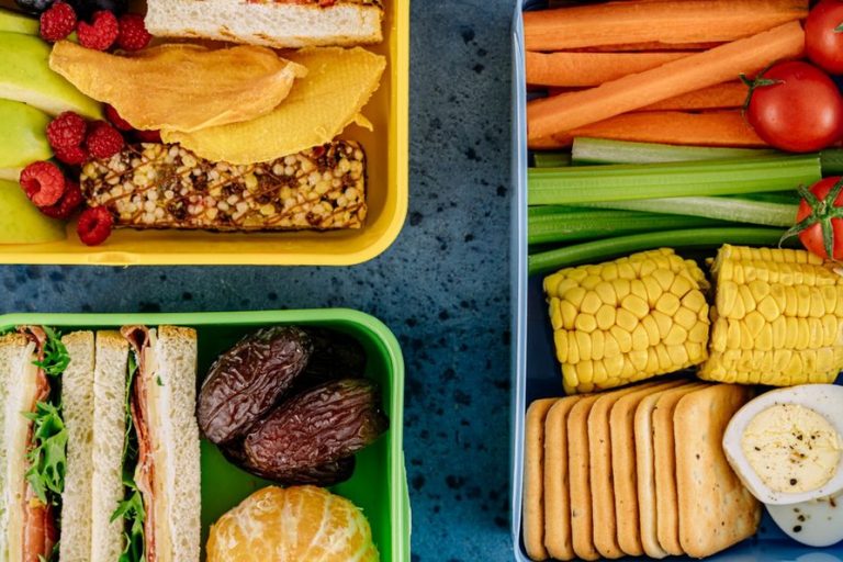 Packed snack box with chicken, fruit, and vegetables
