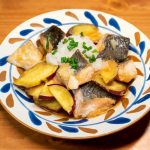 Salmon with cooked greens and sweet potato