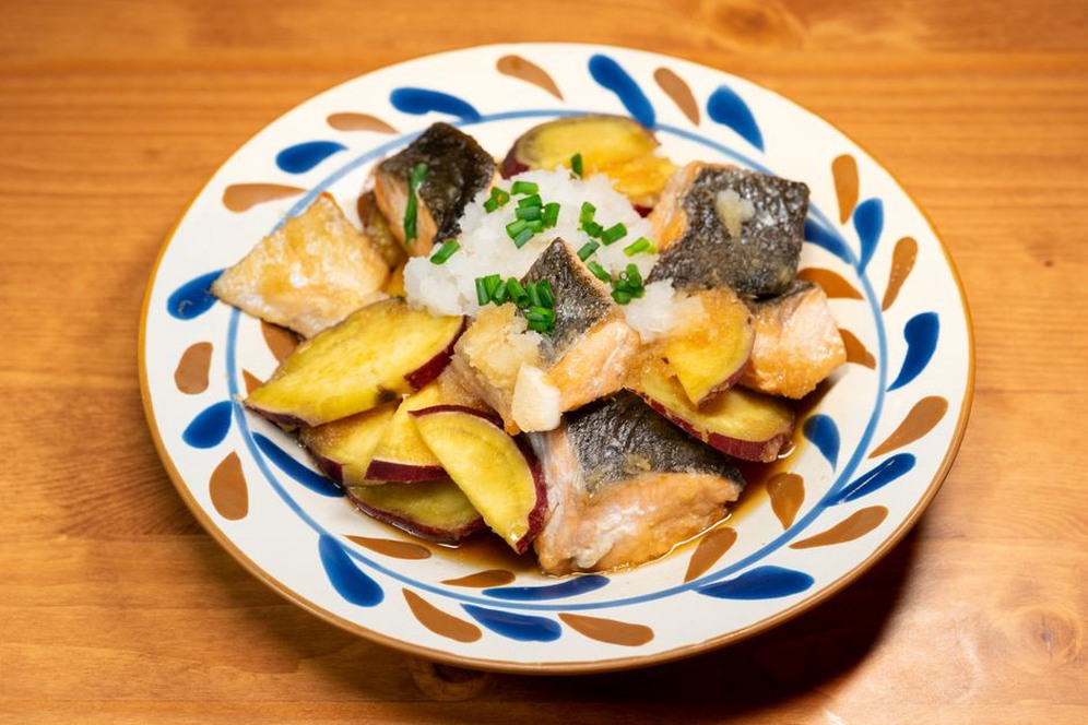 Salmon with cooked greens and sweet potato