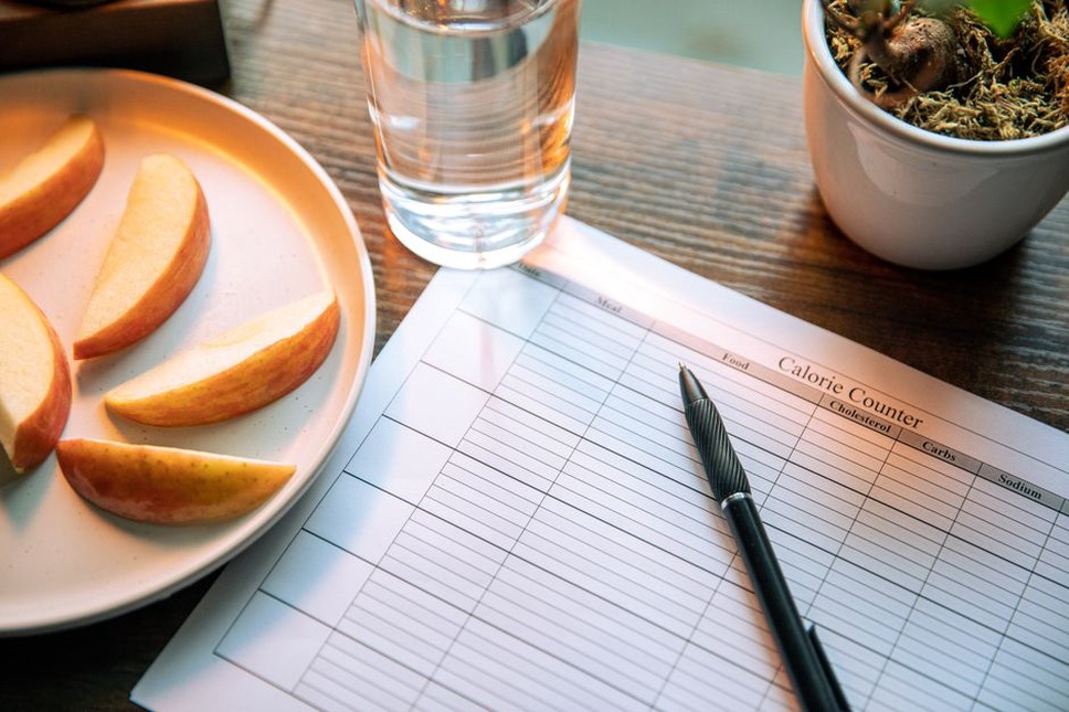 A notebook records meals and digestive symptoms