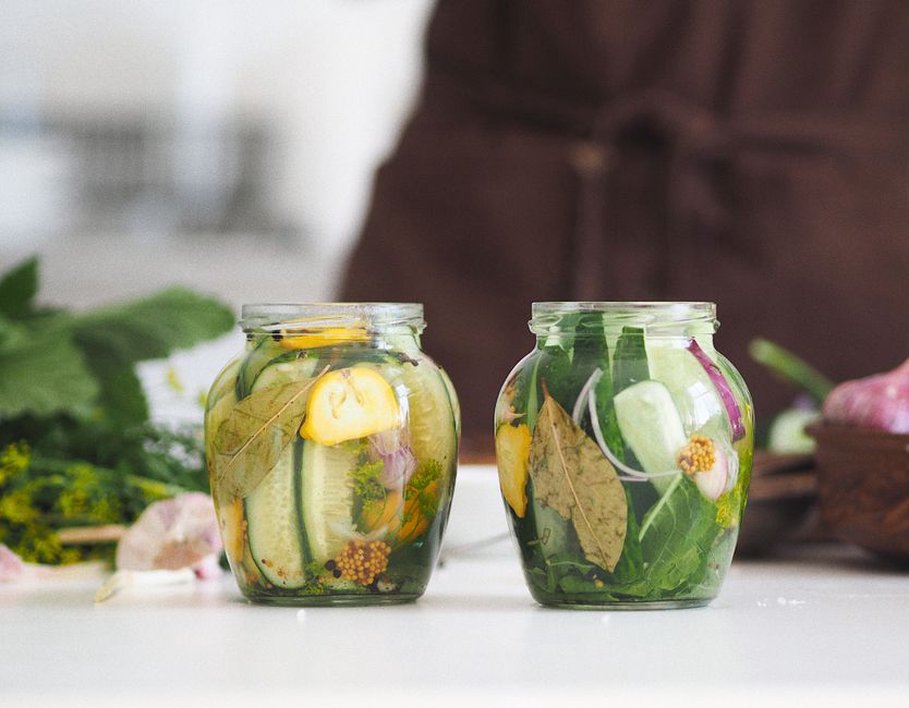 Jars of colorful fermented vegetables ready for meals