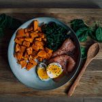 Salmon, sweet potato, and vegetables on a balanced plate