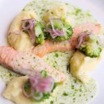 Salmon with sweet potato and cooked greens