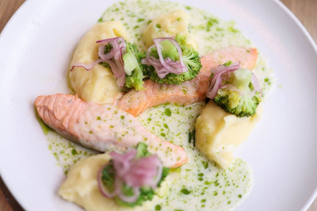 Salmon with sweet potato and cooked greens