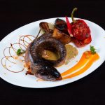 Fish with cooked vegetables and sweet potato