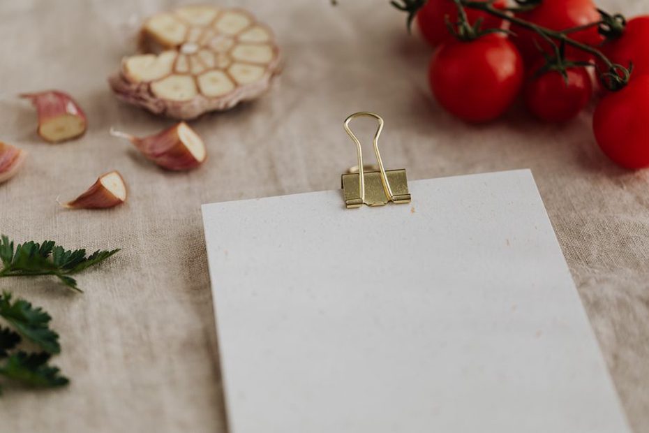 Recipe notes beside a prepared meal