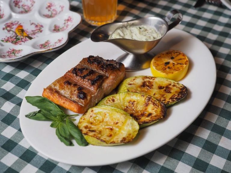 Salmon and vegetables served for an unhurried lunch