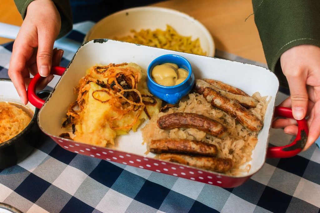 A spoonful of sauerkraut served alongside dinner